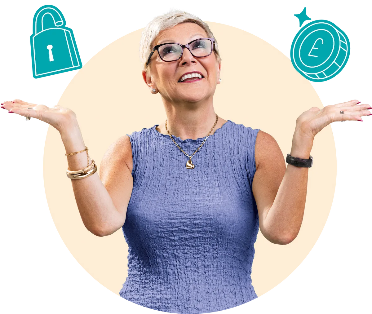 A woman holding graphical icons