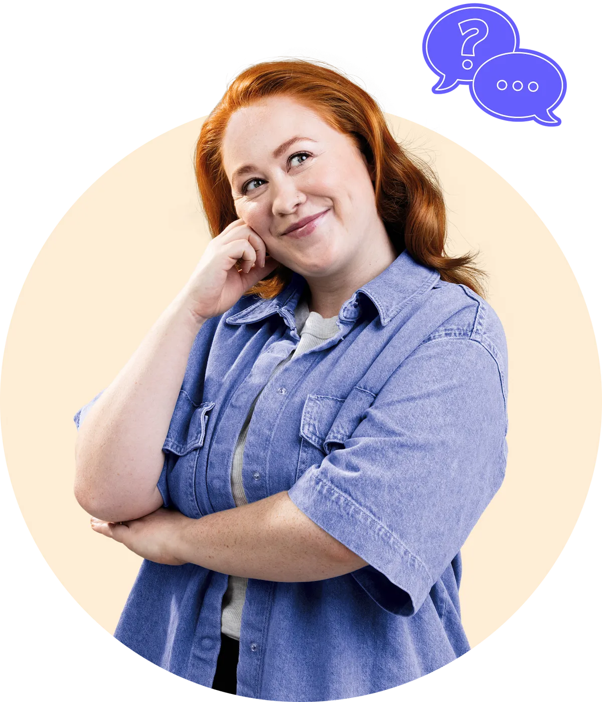 A young woman in a blue shirt looking up and thinking