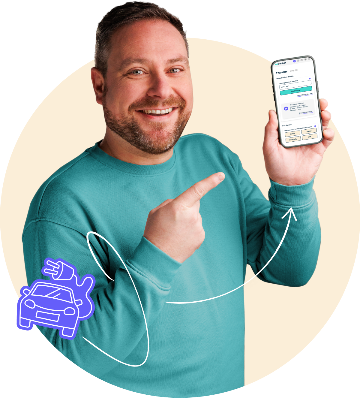 A man with black hair in a green jumper, holding a mobile phone